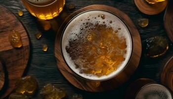 schaumig Bier im Gold Glas auf hölzern Tabelle beim Kneipe generiert durch ai foto