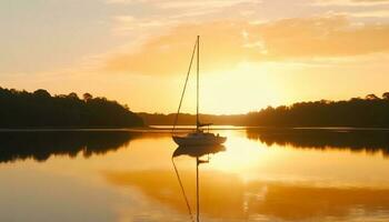 Segeln Yacht gleitet auf still Wasser, von hinten beleuchtet durch Sonnenuntergang generiert durch ai foto