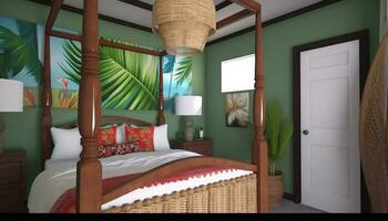 Luxus Hotel Zimmer mit modern Design, komfortabel Bettwäsche, und Grün Dekor generiert durch ai foto