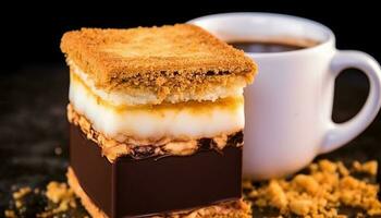 Gourmet Schokolade Nachtisch, frisch und süss, mit heiß Kaffee trinken generiert durch ai foto