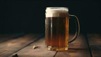 schaumig Bier im ein Pint Glas auf ein rustikal Bar Zähler generiert durch ai foto