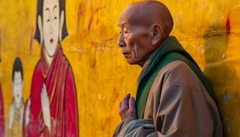 einer Mann meditieren draußen, beten zu Gott zum Spiritualität generiert durch ai foto