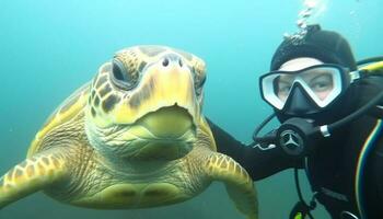 unter Wasser Abenteuer Tauchen Tauchen mit Meer Schildkröten im tropisch Paradies generiert durch ai foto