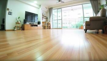 modern Luxus Wohnung mit elegant Hartholz Bodenbelag und hell Dekoration generiert durch ai foto