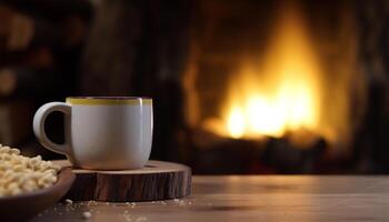 heiß Kaffee auf rustikal Tisch, gemütlich Winter Nacht beim Zuhause generiert durch ai foto