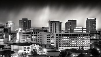 modern Stadt Horizont beleuchtet durch Straße Beleuchtung beim Dämmerung generiert durch ai foto