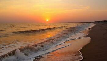 beschwingt Sonnenuntergang Über still Meereslandschaft, perfekt zum tropisch Urlaube generiert durch ai foto