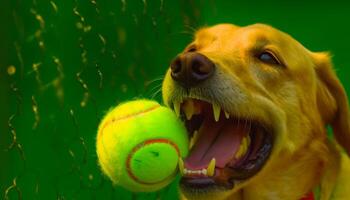 golden Retriever spielen Tennis Ball draußen, genießen Sommer- Spaß generiert durch ai foto