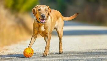 süß reinrassig Hündchen spielen mit Ball draußen, suchen beim Kamera generiert durch ai foto