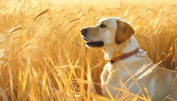 golden Retriever Hündchen Sitzung im Weizen Feld, genießen Natur Schönheit generiert durch ai foto