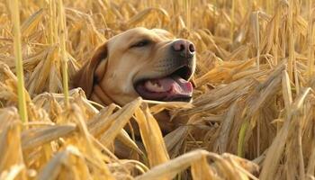 golden Retriever Hündchen Sitzung im Weizen Feld, Zunge aus, spielerisch generiert durch ai foto