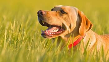 verwöhnt Haustiere spielen im das Sonne, Terrier und Retriever Freundschaft generiert durch ai foto