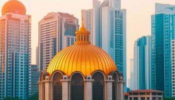 golden Büro Symbol spiegelt modern arabisch Stadt Horizont beim Sonnenuntergang generiert durch ai foto