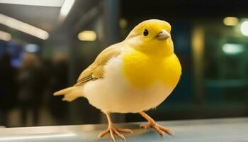 klein Gelb Baby Hähnchen Sitzung im ein hell Vogelkäfig generiert durch ai foto