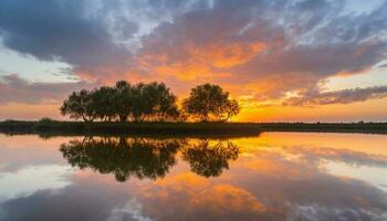 beschwingt Sonnenuntergang spiegelt auf still Teich, Natur Schönheit präsentiert generiert durch ai foto