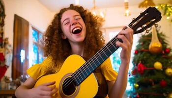 einer Frau spielen Gitarre, lächelnd, drinnen, umgeben durch Glück generiert durch ai foto