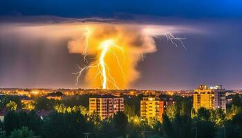 glühend Wolkenkratzer entzünden das Nacht Himmel mit Elektrizität und Leistung generiert durch ai foto