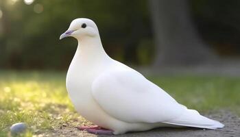 still Möwe Sitzung auf Gras, Symbol von Frieden und Freiheit generiert durch ai foto