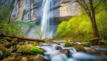 majestätisch Wald Wasserfall fließt Über glatt Felsen im still Szene generiert durch ai foto