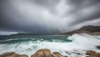 dramatisch Himmel Über Berg und Cliff, brechen Welle auf Stein generiert durch ai foto