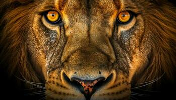 majestätisch Löwe starren, Vorderseite Sicht, selektiv Fokus, gefährlich Schönheit im Natur generiert durch ai foto
