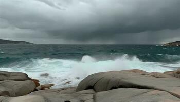 Rau Surfen stürzt ab gegen dramatisch Cliff, bedeckt Horizont Über Wasser generiert durch ai foto