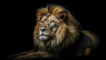 majestätisch männlich Löwe starren mit Aggression, Stärke im seine Augen generiert durch ai foto