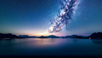 Abenteuer unter das sternenklar Himmel, still Seelandschaft spiegelt multi farbig Geheimnis generiert durch ai foto