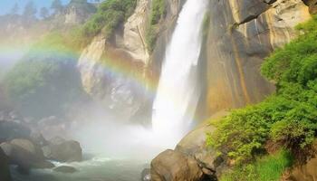 Sommer- Wald Schönheit, fließend Wasser, Regenbogen auf Berg Cliff generiert durch ai foto
