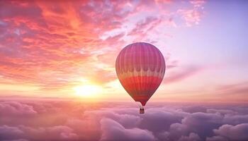 heiß Luft Ballon hochfliegend durch multi farbig Himmel beim Sonnenaufgang generiert durch ai foto