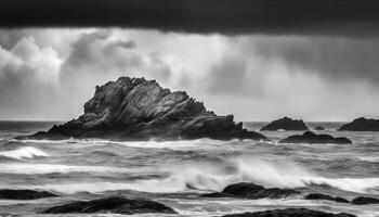 bedrohlich Sturm Wolke Webstühle Über Rau Cliff und abstürzen Wellen generiert durch ai foto