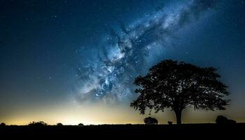 Silhouette von Baum gegen Star Feld im majestätisch Landschaft generiert durch ai foto