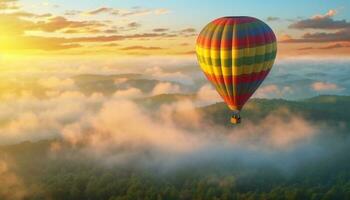 heiß Luft Ballon steigt an hoch Über Berg Angebot beim Sonnenuntergang generiert durch ai foto