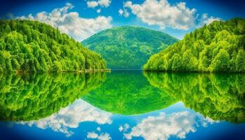 ein majestätisch Berg Angebot spiegelt im ein still, transparent Teich generiert durch ai foto