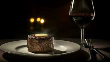 Luxus Mahlzeit gegrillt Steak, Meeresfrüchte Vorspeise, rot Wein Erfrischung generiert durch ai foto