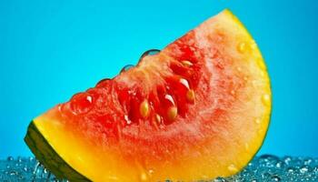saftig Wassermelone Scheibe, ein erfrischend Sommer- Snack im beschwingt Farben generiert durch ai foto