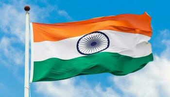 majestätisch indisch Flagge winken auf Fahnenstange, Symbol von Patriotismus und Freiheit generiert durch ai foto