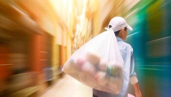 zwei jung Erwachsene Gehen draußen, halten Taschen, liefern Mode Ausrüstung generiert durch ai foto