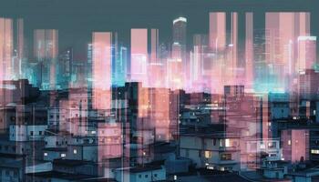 modern Wolkenkratzer leuchtet Stadt Horizont im multi farbig abstrakt Muster generiert durch ai foto