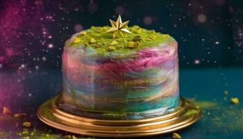 frisch gebacken hausgemacht Dessert beleuchtet durch Kerze Flamme, ein Feier generiert durch ai foto