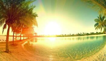 tropisch Sonnenuntergang, Palme Bäume, und Türkis Wasser erstellen Paradies generiert durch ai foto