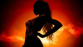 einer jung Frau Stehen im glühend Sonnenuntergang, Tanzen mit Freiheit generiert durch ai foto