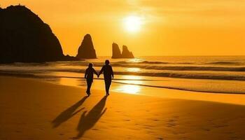 jung Paar halten Hände, genießen still tropisch Sonnenuntergang Ferien generiert durch ai foto