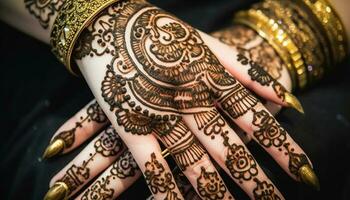 elegant Braut Hand geschmückt mit aufwendig multi farbig Schmuck und Henna generiert durch ai foto