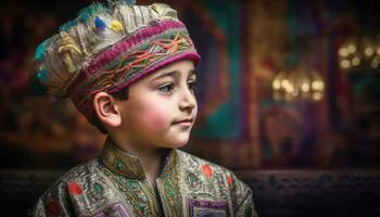 lächelnd Kinder im traditionell Kleidung feiern einheimisch Kultur draußen generiert durch ai foto