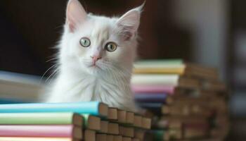 flauschige Kätzchen Sitzung auf Schreibtisch, starren beim Bücherregal neugierig generiert durch ai foto