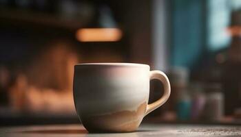 heiß Kaffee im rustikal Becher auf hölzern Tisch, perfekt Entspannung generiert durch ai foto