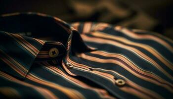 elegant gestreift Seide Hemd gefaltet auf modern schwarz Jacke generiert durch ai foto