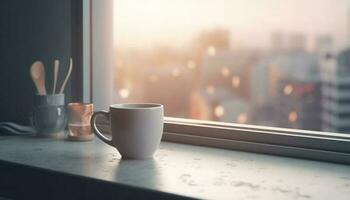 modern Büro Design mit heiß Tee auf Fenster Schwelle zum Entspannung generiert durch ai foto