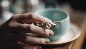 glänzend Edelstein Ring gehaltenen durch elegant kaukasisch Frau drinnen generiert durch ai foto